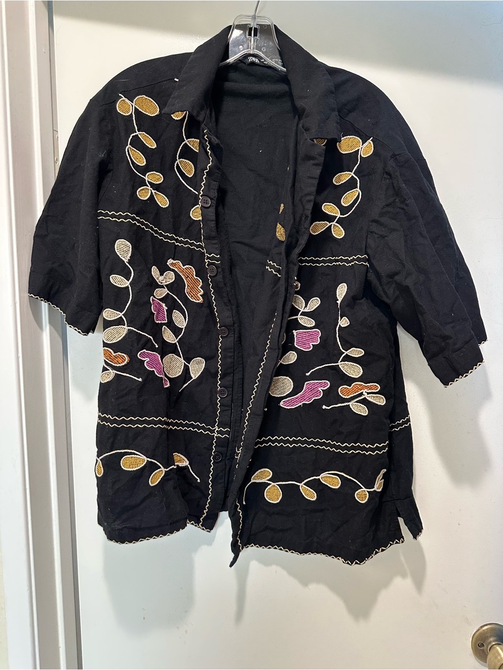 Zara Black Embroidered Open-Front Jean Jacket